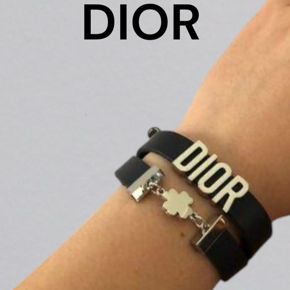 DIOR Double Wrap Leather Bracelet Black & Silver Tone Metal - Picture 9 of 9